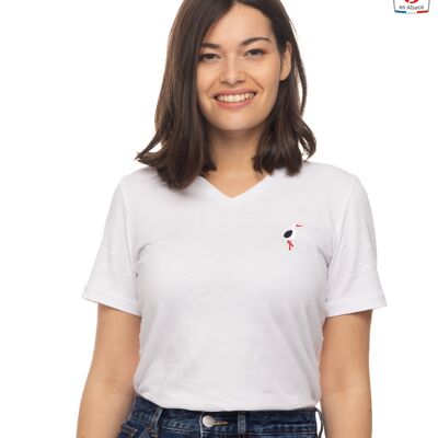 T-shirt da donna con scollo a V con ricamo cicogna
