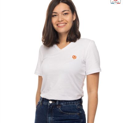 Damen-T-Shirt mit V-Ausschnitt und Brezel-Stickerei