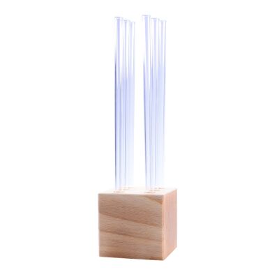 Wooden cube beech with 6 transparent glass drinking straws