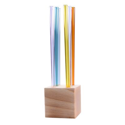 Wooden cube with 6 colorful glass straws