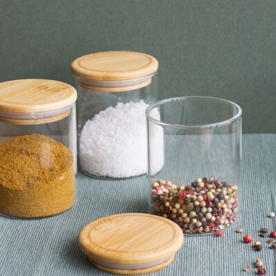 Set of 3 round glass/bamboo spice & condiment boxes - 180 ml