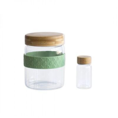 Lunch-Set für unterwegs: Glasbehälter mit Silikonband und Bambusdeckel + kleiner Glas-/Bambusbehälter