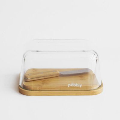 Glass/bamboo butter dish set with butter knife