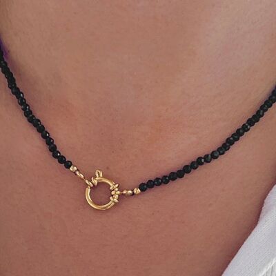 Collier pierre naturelle onyx noir acier inoxydable  / Collier femme perles noires