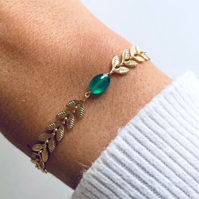 Pulsera mujer orejas de laurel piedra verde ágata / Pulsera acero inoxidable