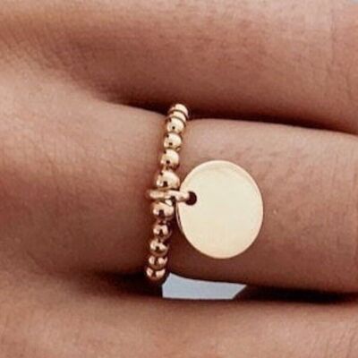 Anello da donna placcato in oro con perline medaglia / Anello regolabile / Anello con nappa rotonda