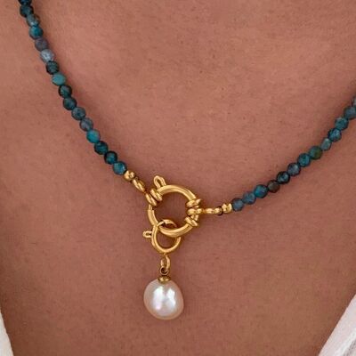 Edelstahlblaue Apatit-Natursteinkette / Damen-Perlenkette mit Perlmutt-Anhänger