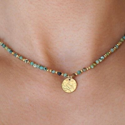African Turquoise natural stone necklace / Women's necklace beads round stainless steel pendant