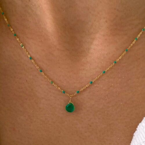 Collier acier inoxydable pendentif goutte pierre verte Agate / Collier femme minimaliste chaine