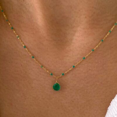 Stainless steel necklace pendant drop green stone Agate / Minimalist women's chain necklace