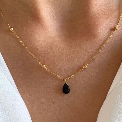 Collier fin pendentif pierre onyx noire / Collier femme minimaliste chaine fine acier inoxydable / Cadeau femme