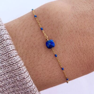 Bracelet acier inoxydable pierre Lapis Lazuli bleu / Bracelet femme chaine fine perles