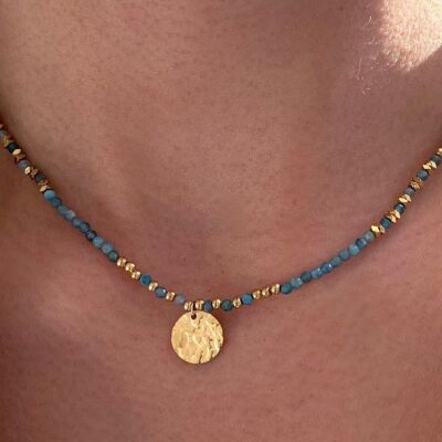 Collier pierre naturelle Apatite / Collier femme perles pendentif rond acier inoxydable