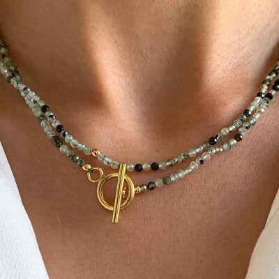 Halskette aus grünem Prehnit-Naturstein aus Edelstahl / Perlenkette für Damen