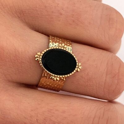 Women's Stainless Steel Black Onyx Stone Ring / Oval Stone Ring / Natural Stone Ring