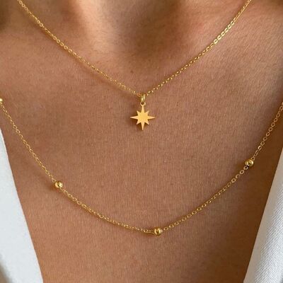 Stainless steel necklace star pendant ball chain / Women's thin double chain necklace