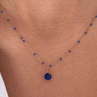Stainless steel necklace Lapis Lazuli stone pendant / Minimalist women's chain necklace