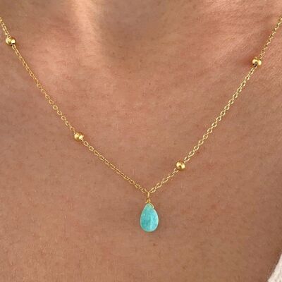 Collier fin pendentif pierre amazonite bleu turquoise / Collier femme minimaliste chaine fine acier inoxydable / Cadeau femme