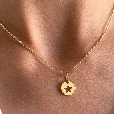 Collar chapado en oro con colgante de medallón de estrella redonda / Collar de cadena chapado en oro para mujer