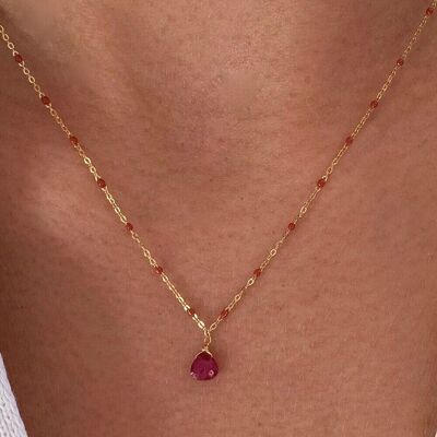 Stainless steel necklace with fuschia pink stone pendant / Minimalist women's chain necklace
