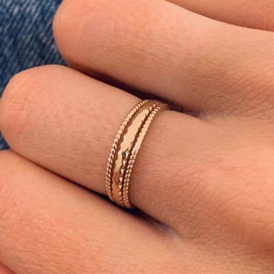 Anillo mujer triple hilera baño oro / Anillo fino ajustable tres anillos