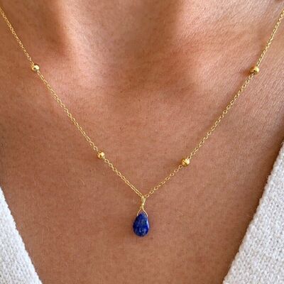 Thin Lapis Lazuli blue stone drop pendant necklace / Minimalist women's necklace with stainless steel chain