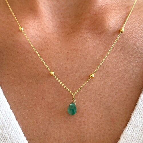 Collier fin pendentif goutte pierre agate verte/ Collier femme minimaliste chaine acier inoxydable