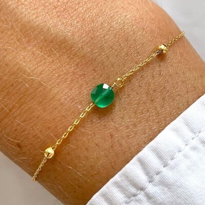 Women's stainless steel bracelet with green tinted crystal stone and fine ball chain / Fine square pearl bracelet
