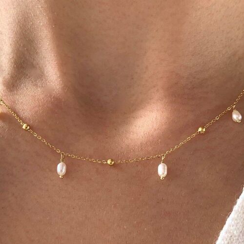 Collier acier inoxydable chaine billes pendants perles d'eau douce nacre / Collier femme ras de cou minimaliste