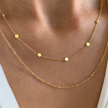 Collier acier inoxydable double chaine billes / Collier double rang pendentif rond / Collier femme minimaliste