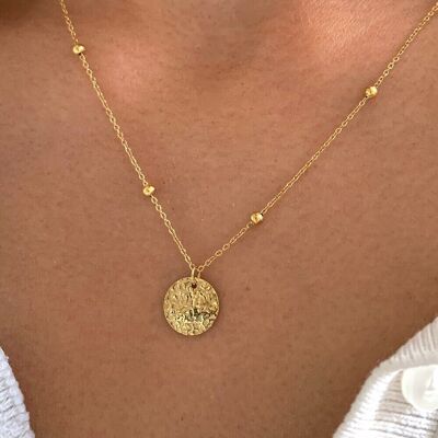 Collier acier inoxydable pendentif rond martelé chaine boule / Collier femme fin chaine billes