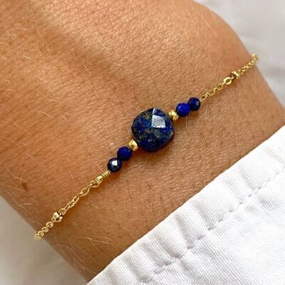 Stainless steel bracelet natural stone lapis lazuli / Fine chain bracelet with blue square pearl