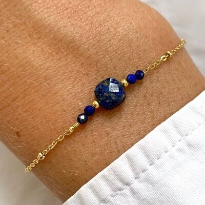 Bracelet acier inoxydable pierre naturelle lapis lazuli / Bracelet chaine fine perle carré bleu