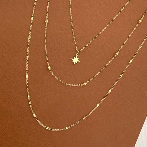 Collier fin triple rang chaines pendentif étoile / Collier femme acier inoxydable minimaliste chaine