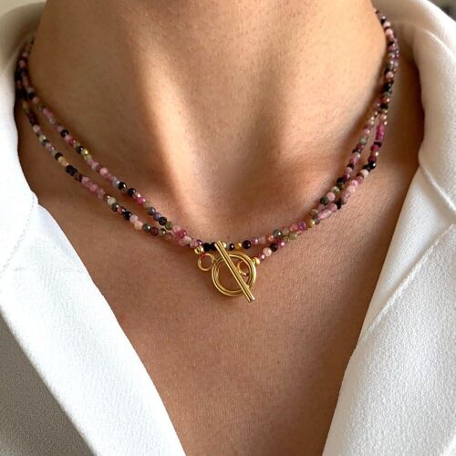 Collier pierre naturelle rose tourmaline acier inoxydable  / Collier femme perles ras de cou