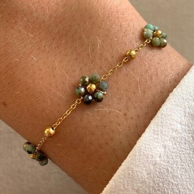 Bracelet femme acier inoxydable fleurs avec des perles de Turquoise d'Afrique chaine fine