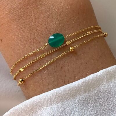 Bracciale da donna in acciaio inossidabile a tripla fila catena fine pietra naturale agata verde