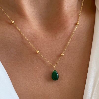 Thin green natural stone pendant necklace / Minimalist stainless steel chain women's necklace