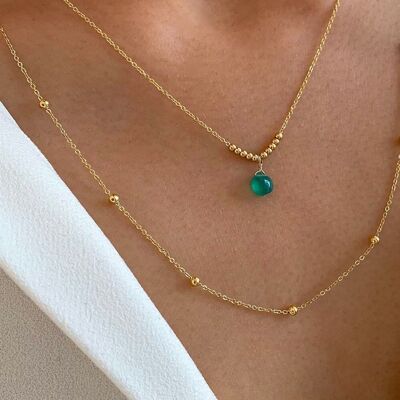 Collana sottile in agata verde a doppia fila / Collana da donna in acciaio inossidabile con catena a sfere in acciaio e pendente in pietra naturale