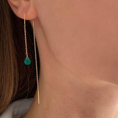 Dangling earrings on both sides natural green agate stone / Stainless steel front back crossing chain earrings