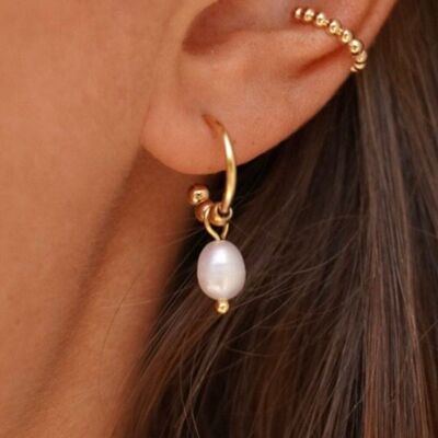 Stainless steel earrings mini freshwater pearl hoops / Minimalist dangling earrings