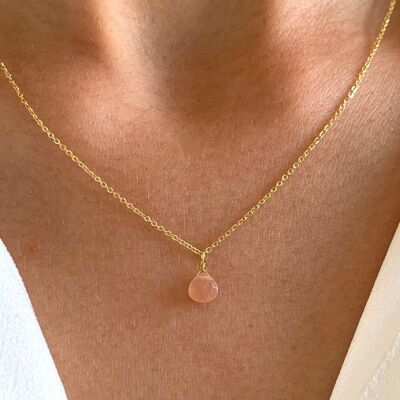 Thin stainless steel chain necklace rose Quartz stone pendant / Minimalist women's necklace thin chain natural stone drop