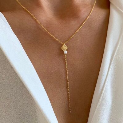 Thin white stone pendant necklace with round medallion / Long minimalist women's necklace with fine stainless steel chain