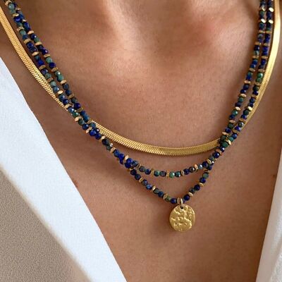 Collier triple rang pierre naturelle lapis lazuli médaille chaine serpentine/ Collier femme perles pendentif rond acier inoxydable