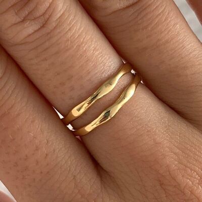 Anillo moderno de acero inoxidable para mujer con dos anillos / anillo resistente al agua ajustable de oro fino