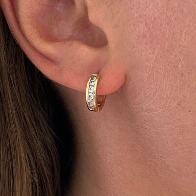 Gold plated small hoop earrings with brilliant zirconiums / Earrings set with diamond effect