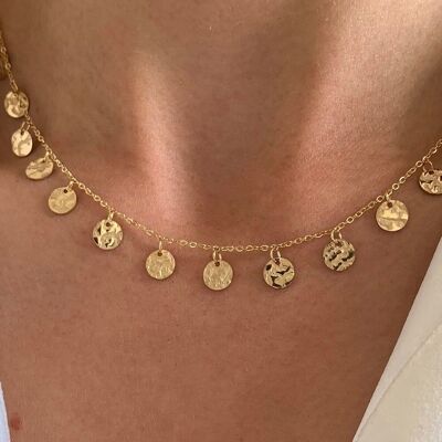 Collier acier inoxydable chaine billes médaillons martelés / ras de cou pendentif rond / Collier femme minimaliste