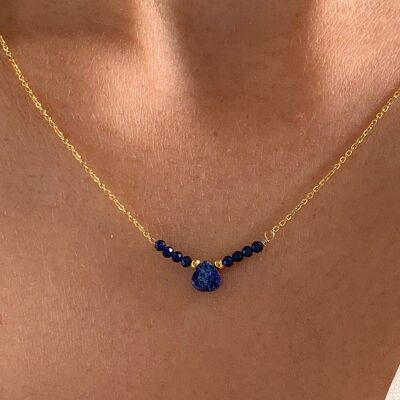 Stainless steel necklace pendant drop blue stone Lapis Lazuli / Minimalist women's chain necklace