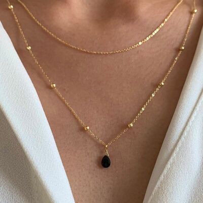 Double row necklace pendant drop black onyx stone / Women's necklace fine stainless steel chain
