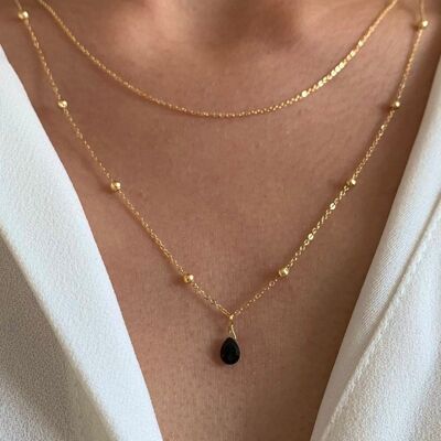 Collier double rang pendentif goutte pierre onyx noire / Collier femme chaine fine acier inoxydable